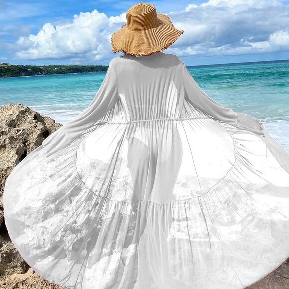 . Tops - White Beachy Womens Lettuce Trim Ruffle Trim Flounce Sleeve Kimono